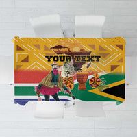 Personalized Heritage Day tablecloth, yellow with dancer motif and custom text graphic