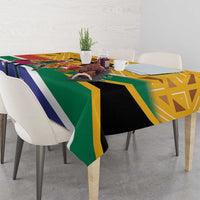 Personalized Heritage Day tablecloth on dining table, yellow geometric flag pattern