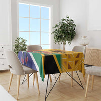 Personalized Heritage Day tablecloth on dining table, colorful South Africa flag and motif graphics