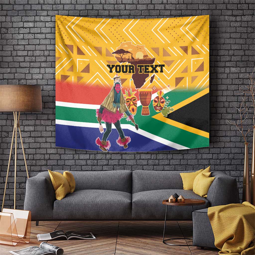Yellow South Africa heritage tapestry featuring a dancer in pink, colorful masks, and “YOUR TEXT”.