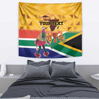 Yellow South Africa heritage tapestry showing a traditional dancer, mask faces, and “YOUR TEXT”.