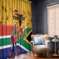 Yellow South Africa heritage window curtain with dancer and “Your Text” over black-brown backdrop