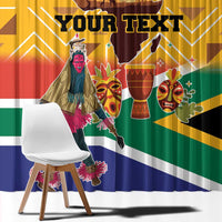 Yellow window curtain with dancer, masks, and “Your Text” in South Africa flag colors