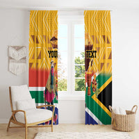 Yellow South Africa-themed window curtains with dancer and “Your Text” motif