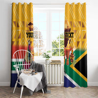 Yellow window curtain panels with dancer, “Your Text,” and South Africa flag stripe pattern