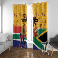 Yellow window curtains with dancer graphic, “Your Text,” and decorative mask accents