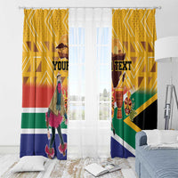 Yellow South Africa-themed window curtain pair with dancer graphic and “Your Text”
