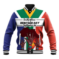 Unisex baseball jacket in blue red green with South Africa Heritage Day graphic, ribbed collar