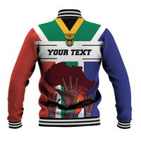 Unisex baseball jacket in red blue green with badge emblem and 'YOUR TEXT' front print