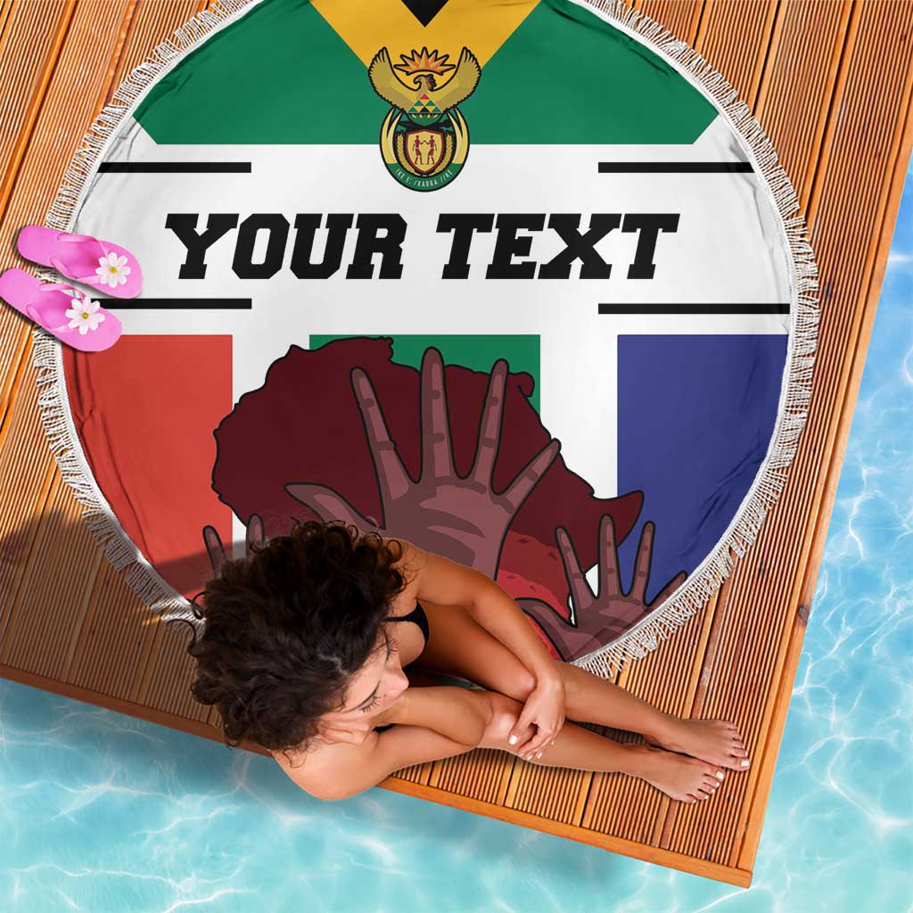 Round flag-style beach blanket with fringe, South Africa colors and 'YOUR TEXT' center