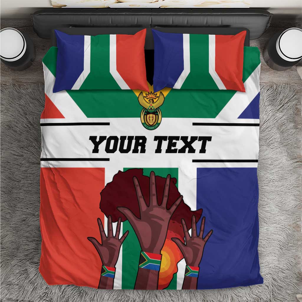 Personalized bedding set with South Africa flag colors, hands graphic, and “YOUR TEXT”