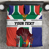 Personalized bedding set with South Africa flag colors, hands graphic, and “YOUR TEXT”