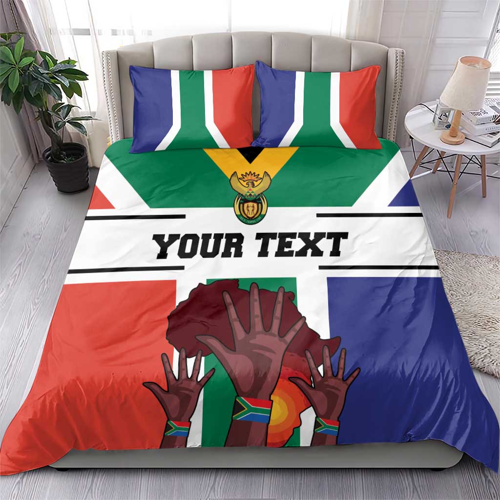 Personalized duvet cover and pillowcases in South Africa flag colors with “YOUR TEXT”