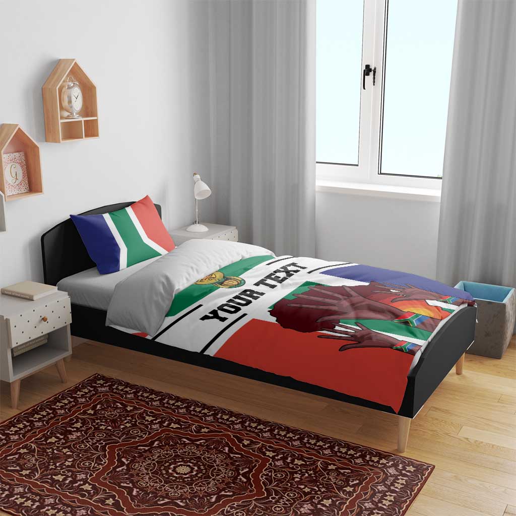 South Africa heritage flag duvet and pillows featuring hands graphic and “YOUR TEXT”