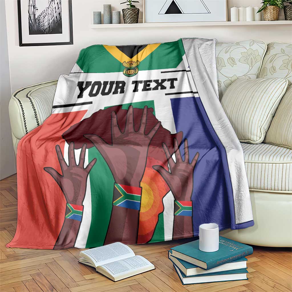 South Africa flag-style personalized blanket with bold 'Your Text' and hands graphic
