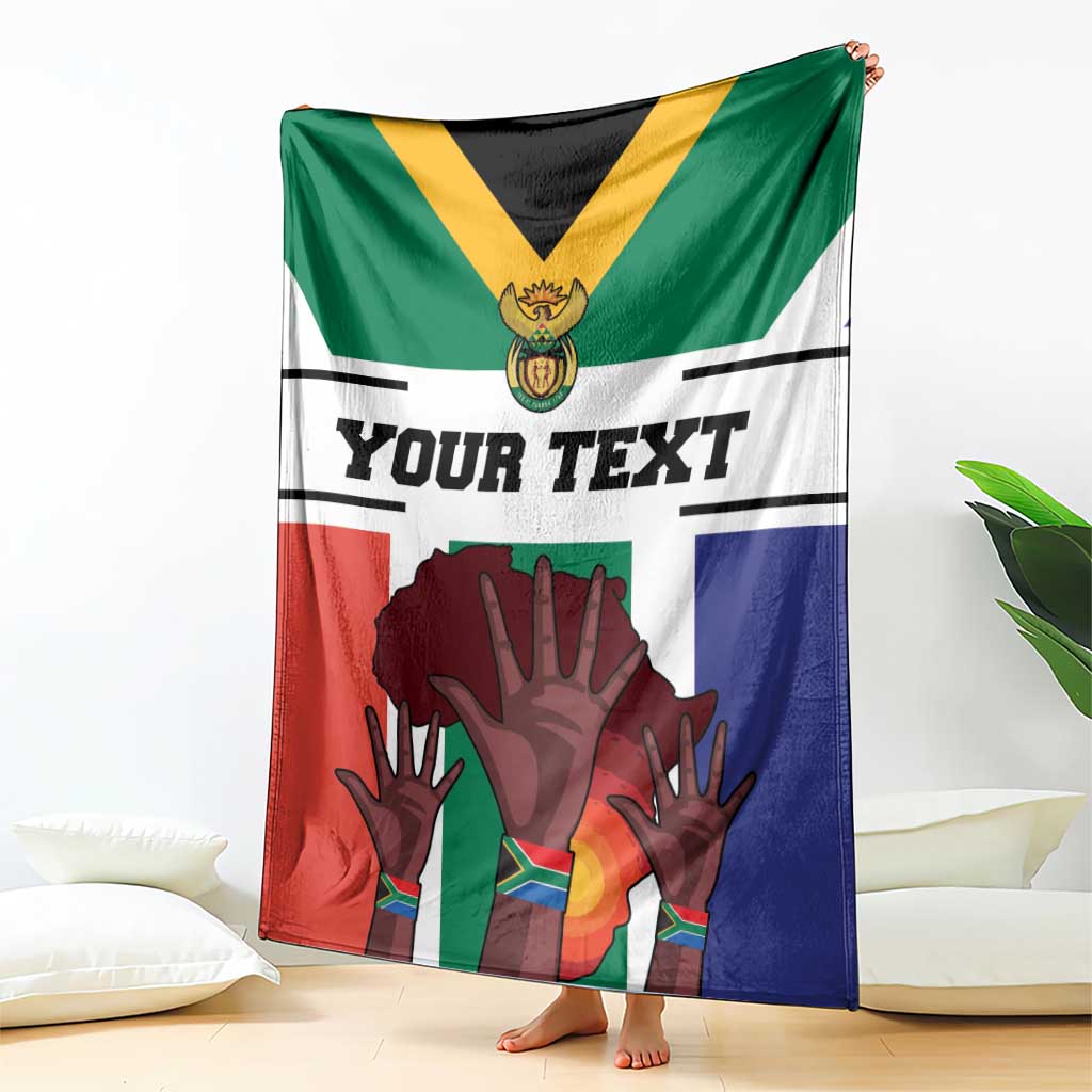 South Africa flag-style blanket with 'Your Text' centered and red/blue/green hands design