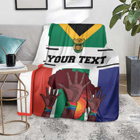 South Africa flag-style blanket with 'Your Text' across center and multi-color hands