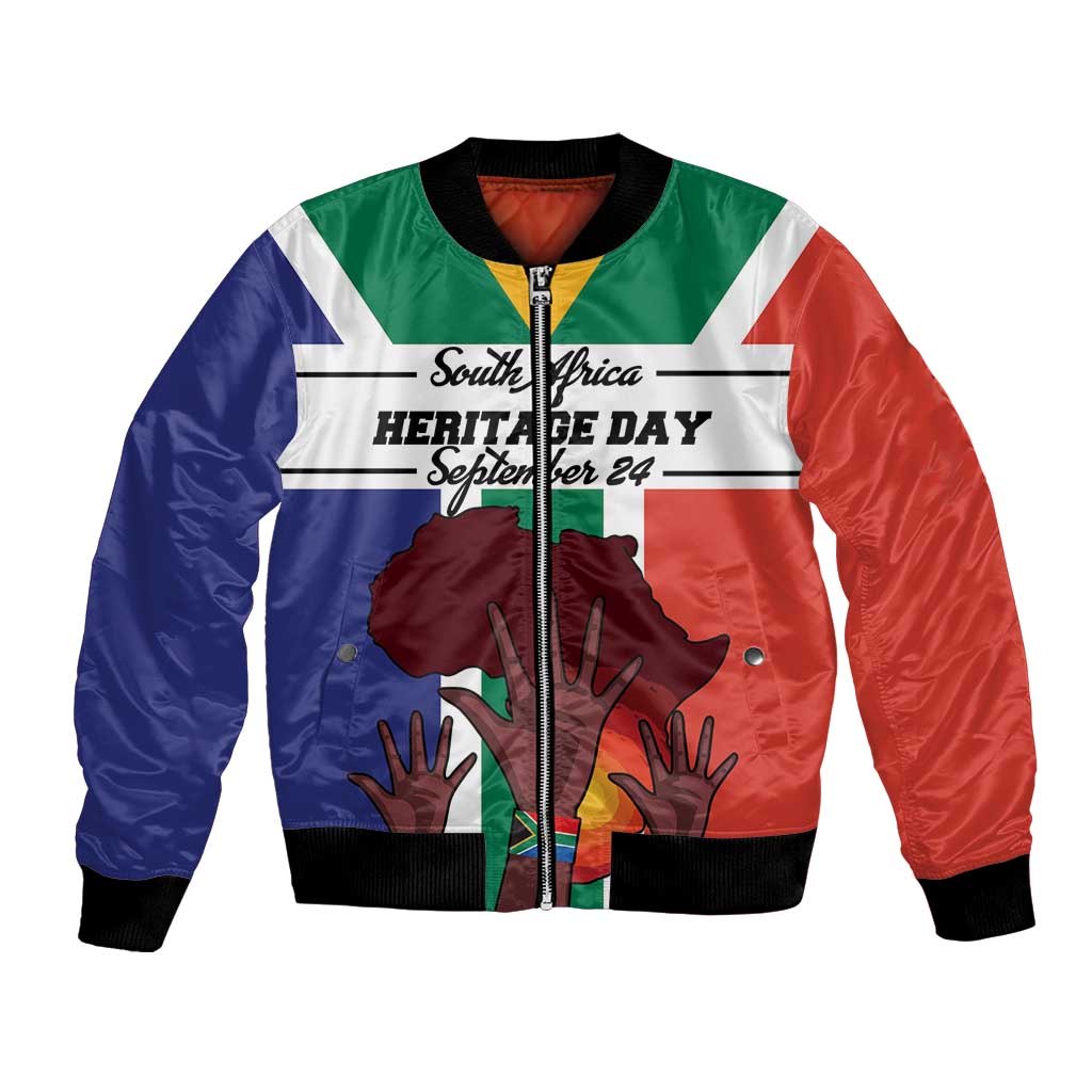 Unisex bomber jacket with flag-style print, full zip, ribbed cuffs and hem