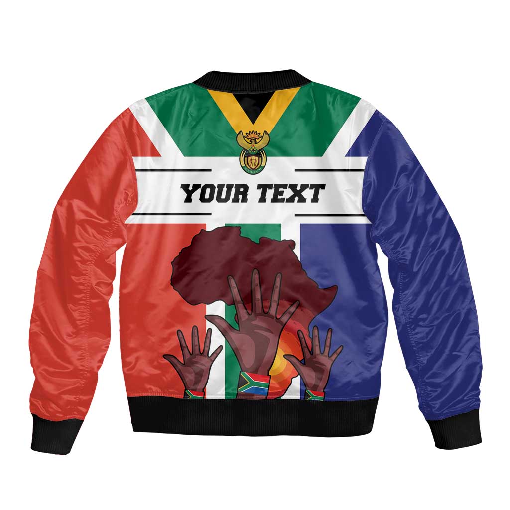 Bomber jacket with flag-style print and customizable text, full zip, ribbed cuffs