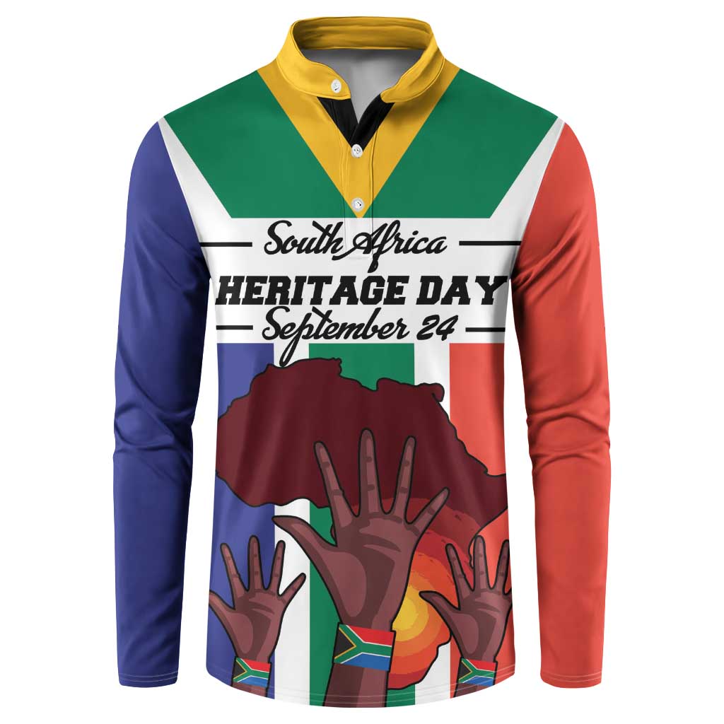 Personalized button sweatshirt with South Africa flag graphic, yellow collar, multicolor sleeves