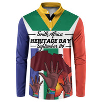Personalized button sweatshirt with South Africa flag graphic, yellow collar, multicolor sleeves