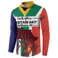 Personalized button sweatshirt with South Africa flag Heritage Day text, yellow collar, multicolor sleeves