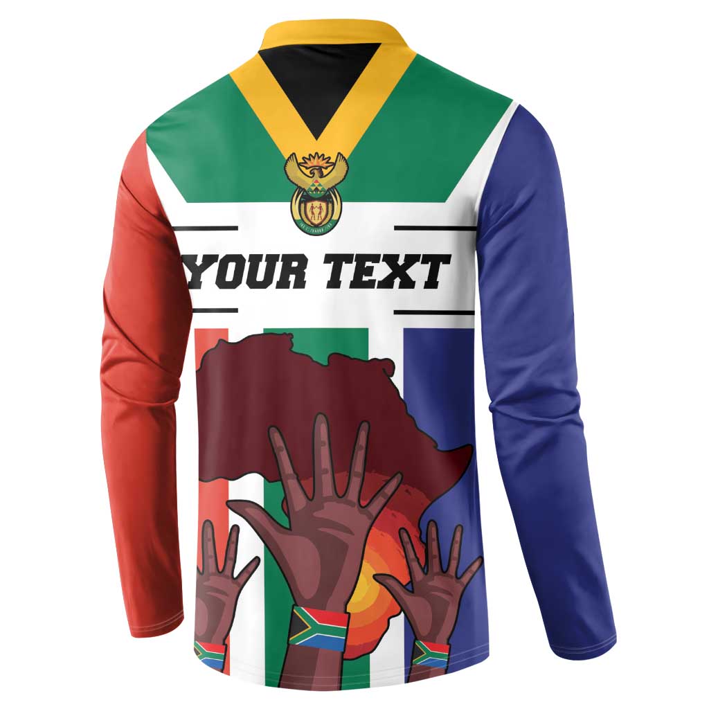 Personalized button sweatshirt with South Africa flag graphic, gold crest, and 'YOUR TEXT' header