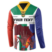 Personalized button sweatshirt with South Africa flag graphic, gold crest, and 'YOUR TEXT' header