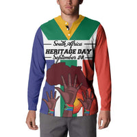 Personalized button sweatshirt with South Africa flag Heritage Day print, yellow button placket