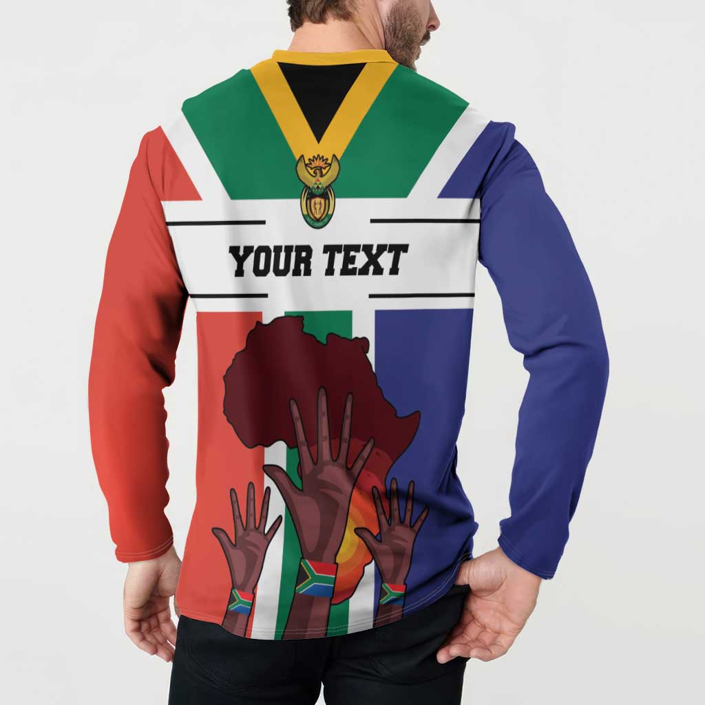 Personalized button sweatshirt with 'YOUR TEXT' South Africa flag graphic, yellow collar