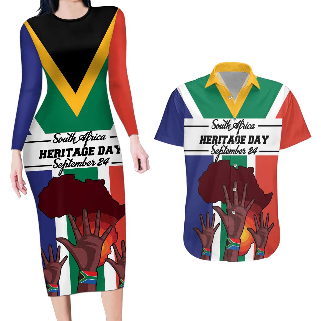 Personalized South Africa Heritage Day Couples Matching Long Sleeve Bodycon Dress and Hawaiian Shirt Flag Style - Wonder Print Shop