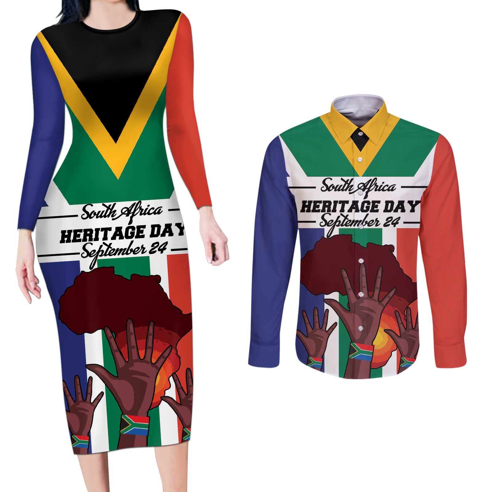 Personalized South Africa Heritage Day Couples Matching Long Sleeve Bodycon Dress and Long Sleeve Button Shirt Flag Style - Wonder Print Shop