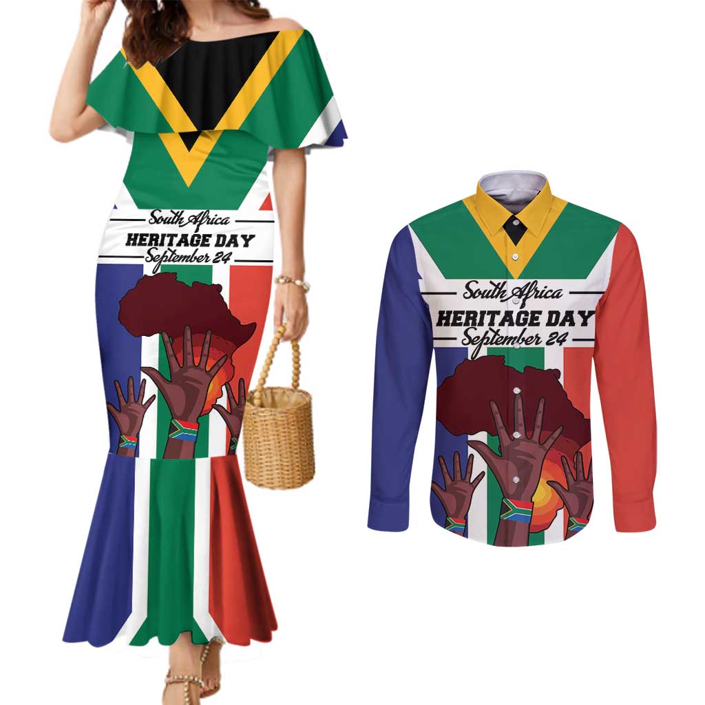 Personalized South Africa Heritage Day Couples Matching Mermaid Dress and Long Sleeve Button Shirt Flag Style