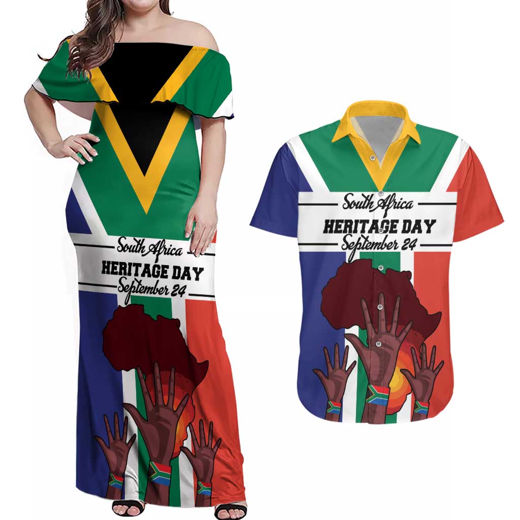 Personalized South Africa Heritage Day Couples Matching Off Shoulder Maxi Dress and Hawaiian Shirt Flag Style - Wonder Print Shop