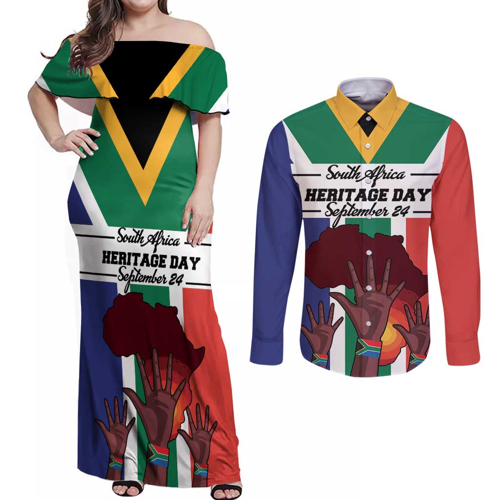 Personalized South Africa Heritage Day Couples Matching Off Shoulder Maxi Dress and Long Sleeve Button Shirt Flag Style - Wonder Print Shop