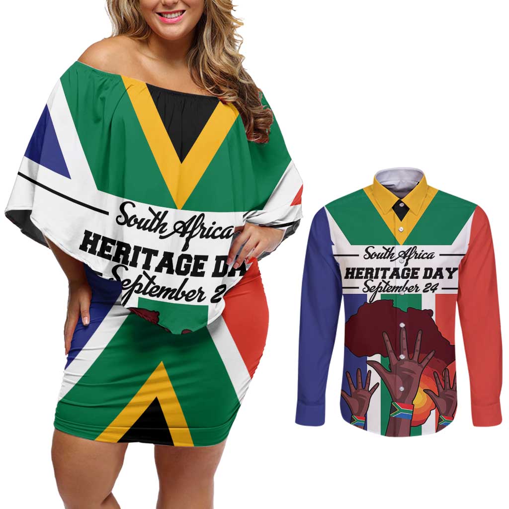 Personalized South Africa Heritage Day Couples Matching Off Shoulder Short Dress and Long Sleeve Button Shirt Flag Style - Wonder Print Shop