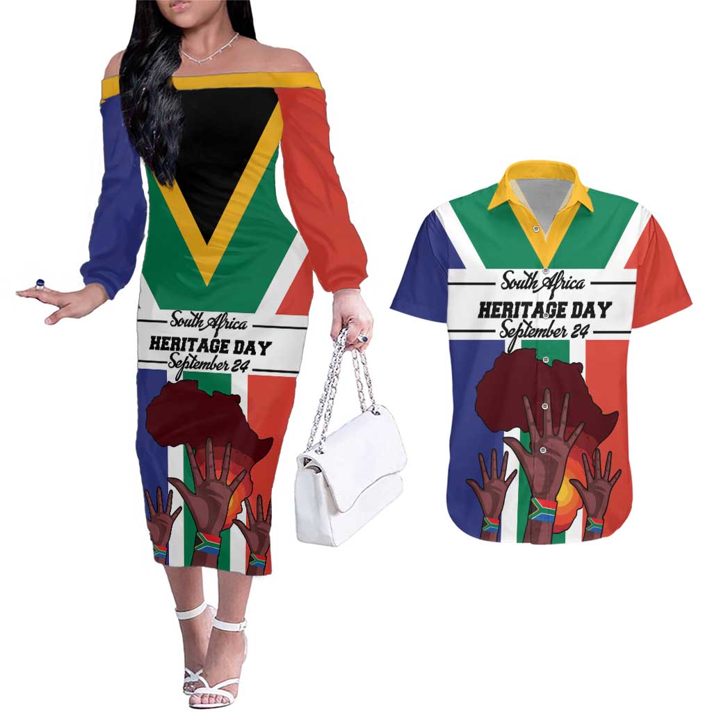 Personalized South Africa Heritage Day Couples Matching Off The Shoulder Long Sleeve Dress and Hawaiian Shirt Flag Style - Wonder Print Shop