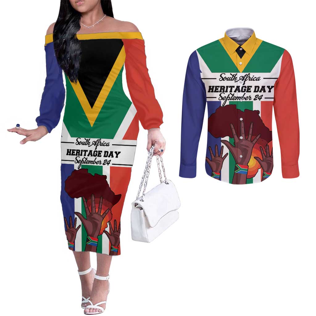 Personalized South Africa Heritage Day Couples Matching Off The Shoulder Long Sleeve Dress and Long Sleeve Button Shirt Flag Style