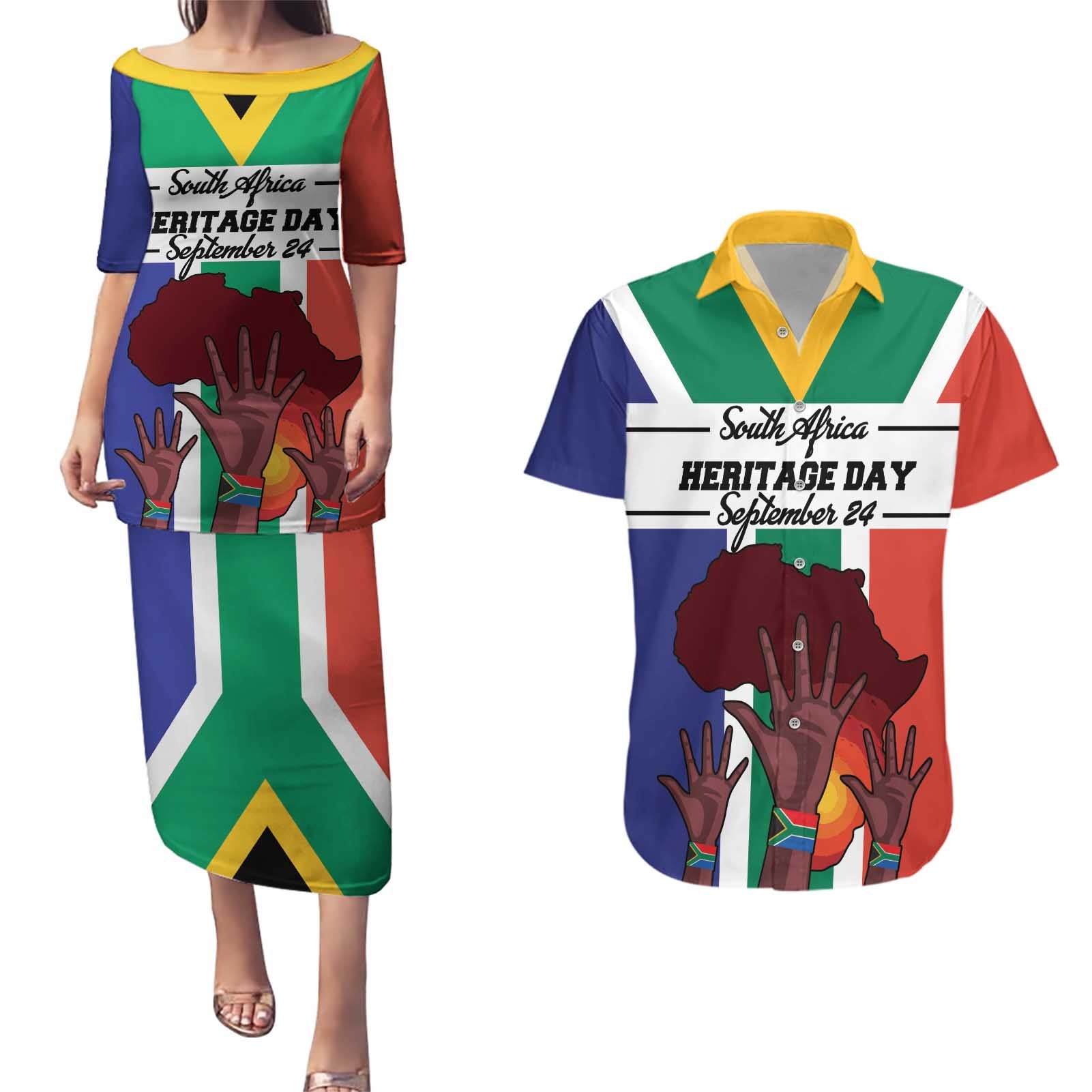 Personalized South Africa Heritage Day Couples Matching Puletasi and Hawaiian Shirt Flag Style - Wonder Print Shop