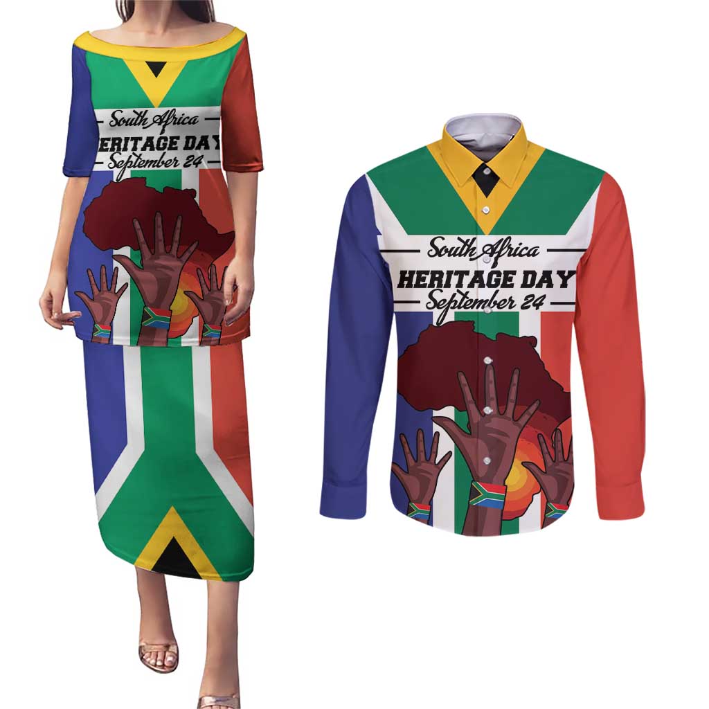 Personalized South Africa Heritage Day Couples Matching Puletasi and Long Sleeve Button Shirt Flag Style - Wonder Print Shop