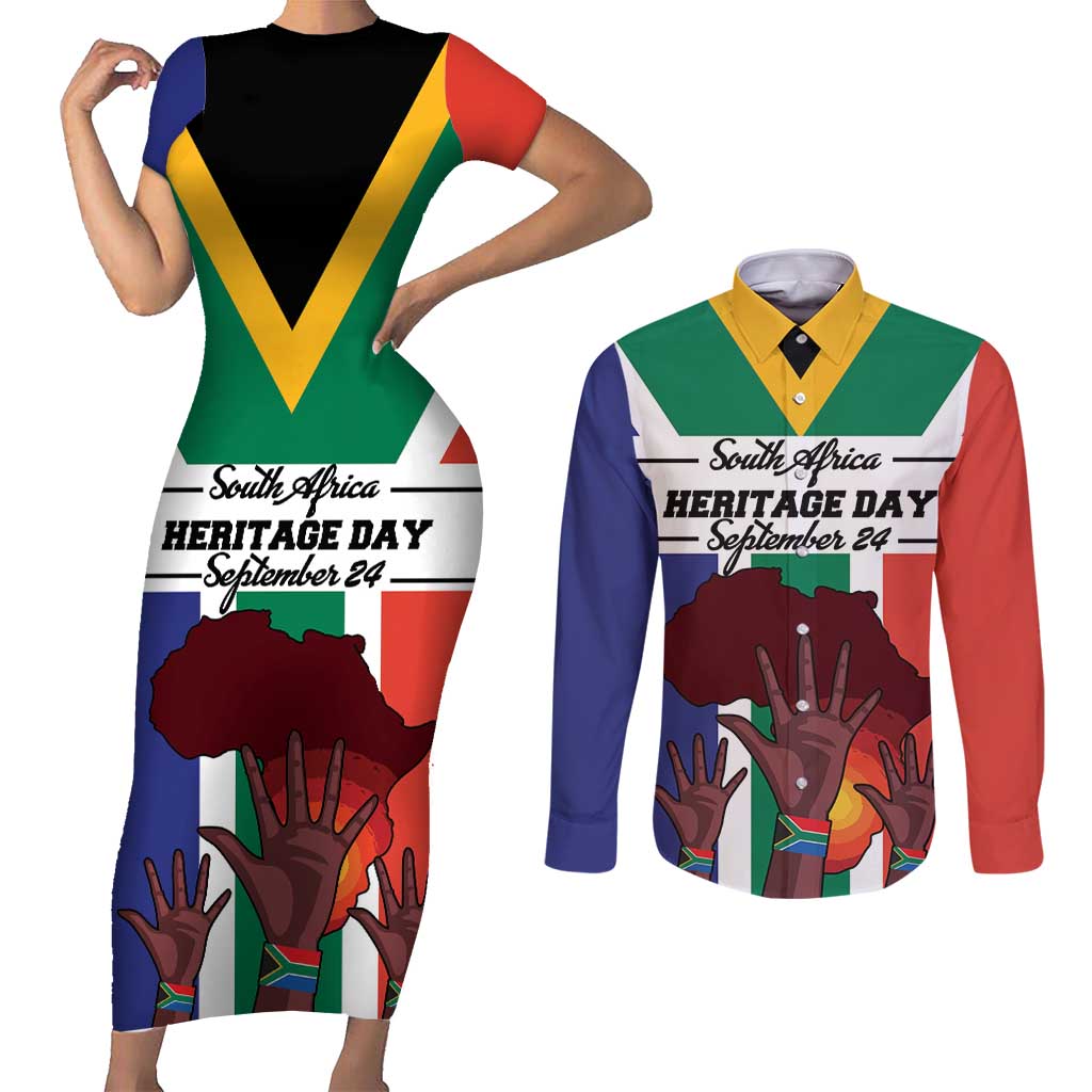 Personalized South Africa Heritage Day Couples Matching Short Sleeve Bodycon Dress and Long Sleeve Button Shirt Flag Style - Wonder Print Shop