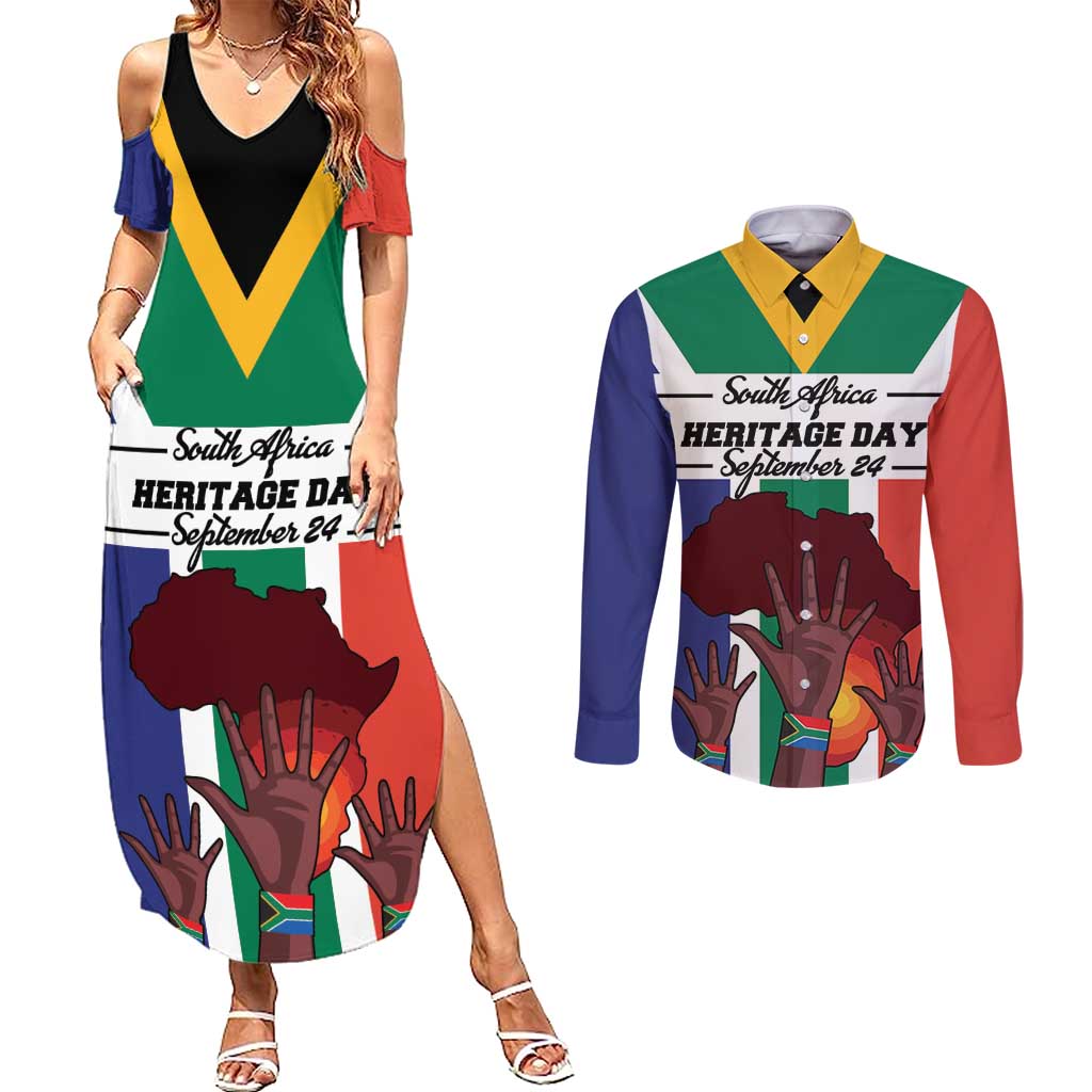 Personalized South Africa Heritage Day Couples Matching Summer Maxi Dress and Long Sleeve Button Shirt Flag Style - Wonder Print Shop