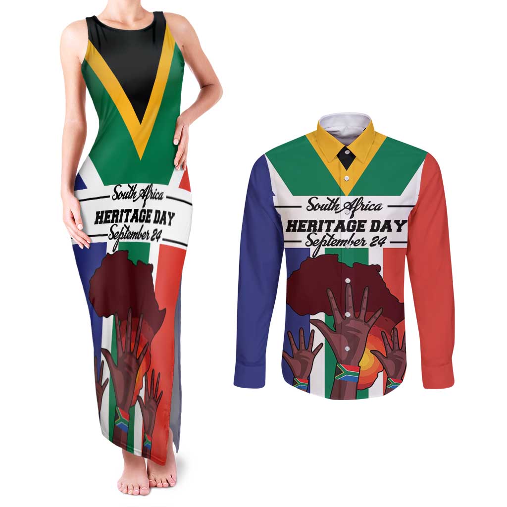 Personalized South Africa Heritage Day Couples Matching Tank Maxi Dress and Long Sleeve Button Shirt Flag Style - Wonder Print Shop