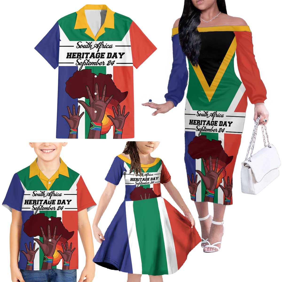 Personalized South Africa Heritage Day Family Matching Off The Shoulder Long Sleeve Dress and Hawaiian Shirt Flag Style - Wonder Print Shop