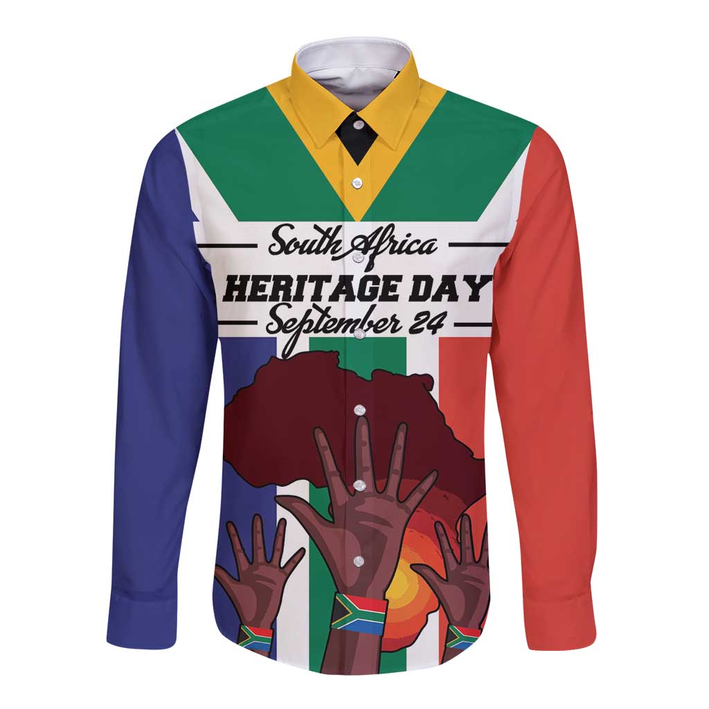Long-sleeve button shirt with tricolor flag print, hands and South Africa Heritage Day text