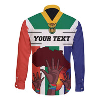 Long-sleeve button shirt with tricolor flag print, hands, map and YOUR TEXT
