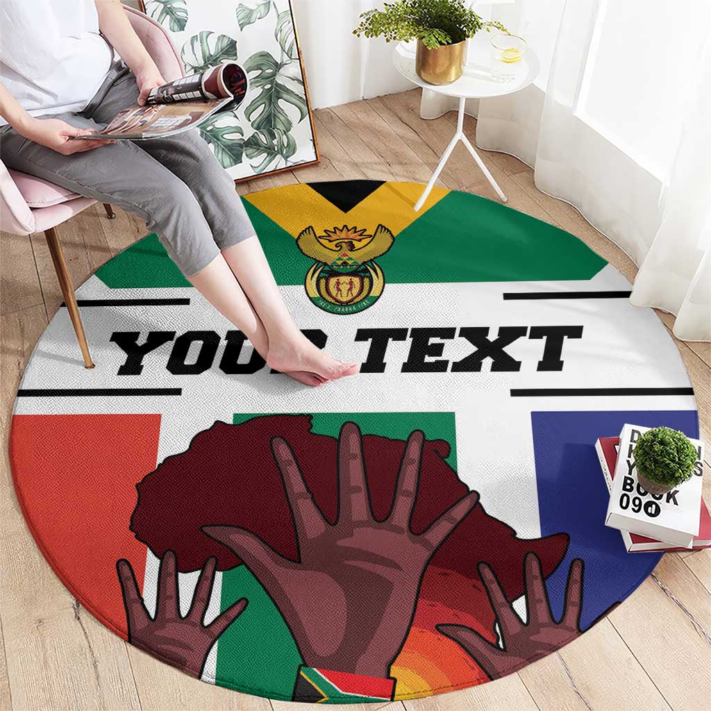 Round personalized heritage flag style carpet with 'YOUR TEXT' and hand graphic