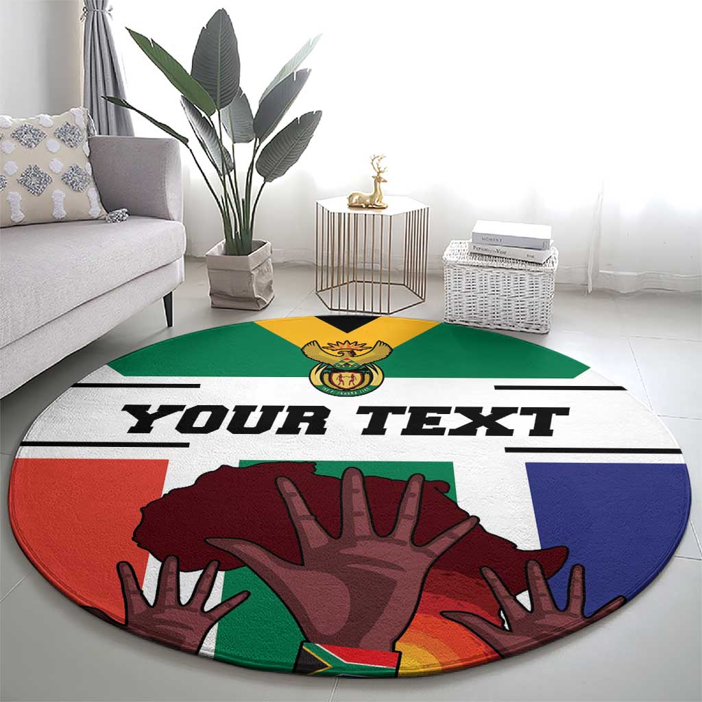 Round rug with 'YOUR TEXT', green band, eagle emblem, and hand graphic
