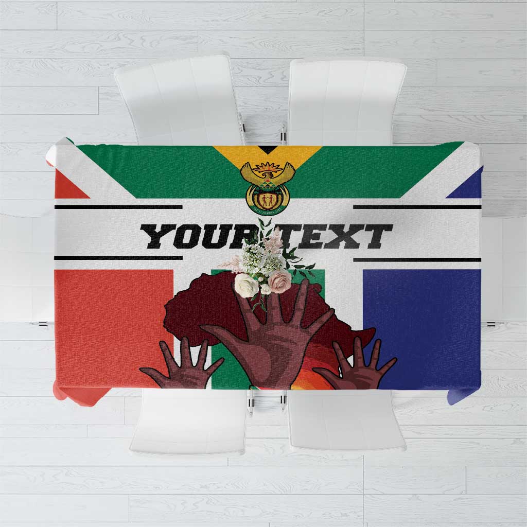 Personalized flag-style tablecloth with custom text and crest, blue, green, red, and white panels