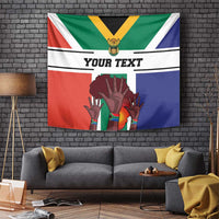 South Africa Heritage Day tapestry flag with centered hands graphic and 'YOUR TEXT' banner.